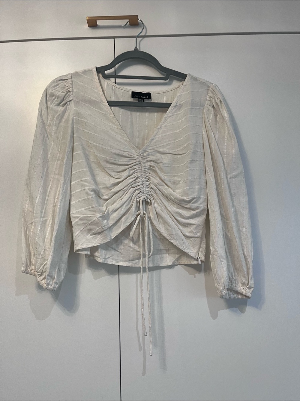 Lucy Paris Cream Ruched Drawstring V-Neck Blouse with Puff Sleeves